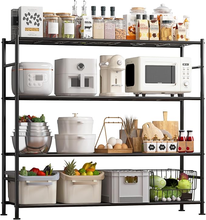 Sakugi Storage Shelves - 4 Tier Shelf Organizer, Heavy Duty Garage Shelving Unit with Leveling Feet, Stable Metal Shelves Organizer for Pantry, Kitchen and Closet, 46.3" W x 12.6" D x 46.6" H, Black by Sakugi