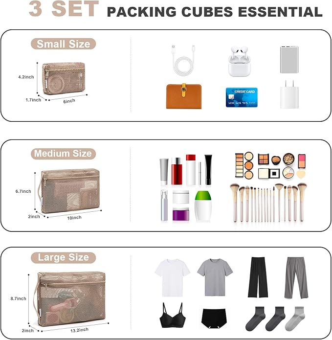 NOL 3-Pack Mesh Travel Toiletry Bags - Clear Zipper Travel Organizer, Airport Carry-On Compliant Reusable Cosmetic Makeup Bag for Women & Men (Khaki) - Image 2
