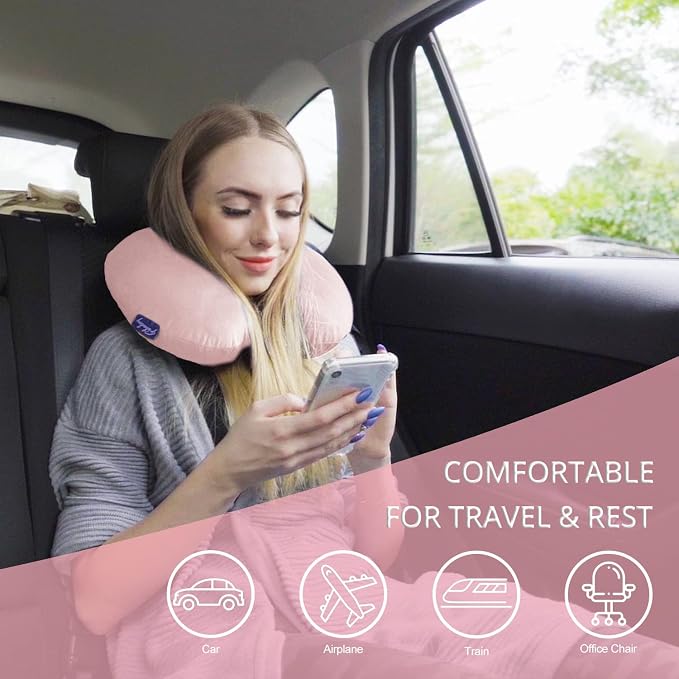 Memory Foam Neck Pillows for Travel - Airplane Pillows for Sleeping with Attachable Snap Strap Soft Washable Cover, Flight Pillow for Traveling, Car, Office, Provide Head Neck Support Pink - Image 3