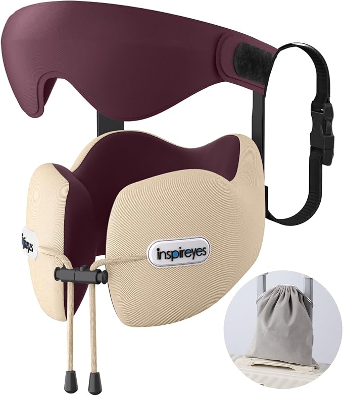 Travel Neck Pillow Seat Strap System, Long Flight Stable Support | High Supportive Foam Airplane Pillow, 3D Sleep Mask, 360° Headrest, Sleep Support, Stop Bobblehead Travel Essential, Beige by Inspireyes