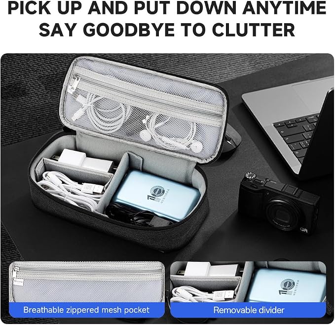 Teskyer Tech Organizer Pouch with Handle, Black | Water-Resistant Fabric, Adjustable Dividers, Multiple Compartments, Protective Lining, Travel and Office Use - Image 4
