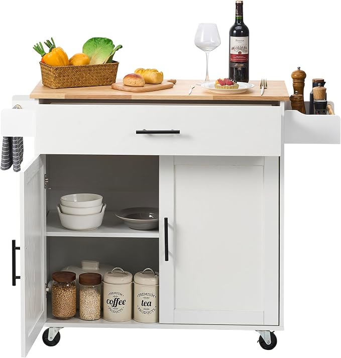 VEVOR Kitchen Island Cart with Solid Wood Top, 35.4" Width Mobile Carts with Storage Cabinet, Rolling Kitchen Table with Spice Rack, Towel Rack, Drop Leaf and Drawer, Portable Islands on Wheels, White | For Home Cooking, Space Saving Drop Leaf For Extr... - Image 11