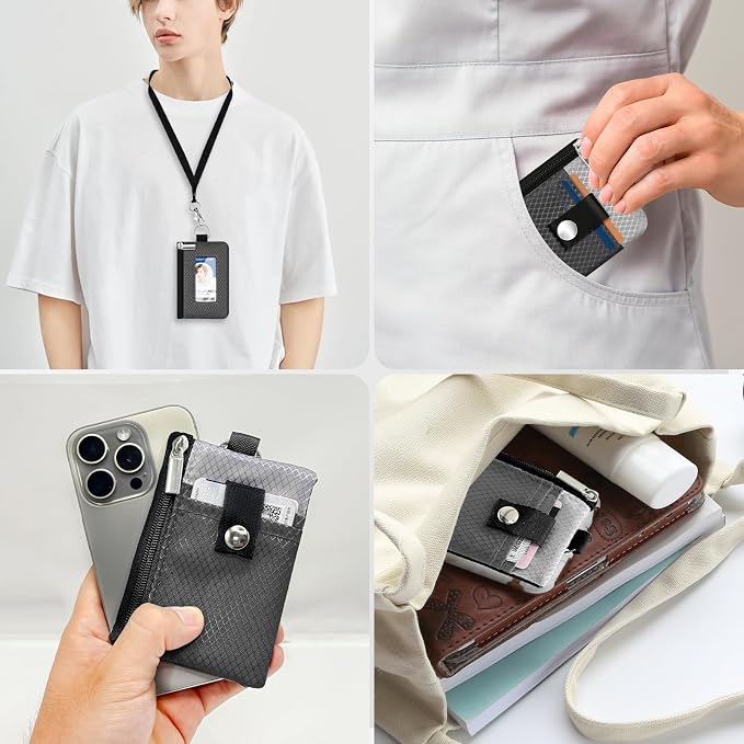 Minimalist RFID Blocking Small Wallet with ID Window,WaterResistant Zip Id Case Wallet with Lanyard Keychain for Cards,Cash,Travel,Women,Men (DardGray/LightGray) - Image 9