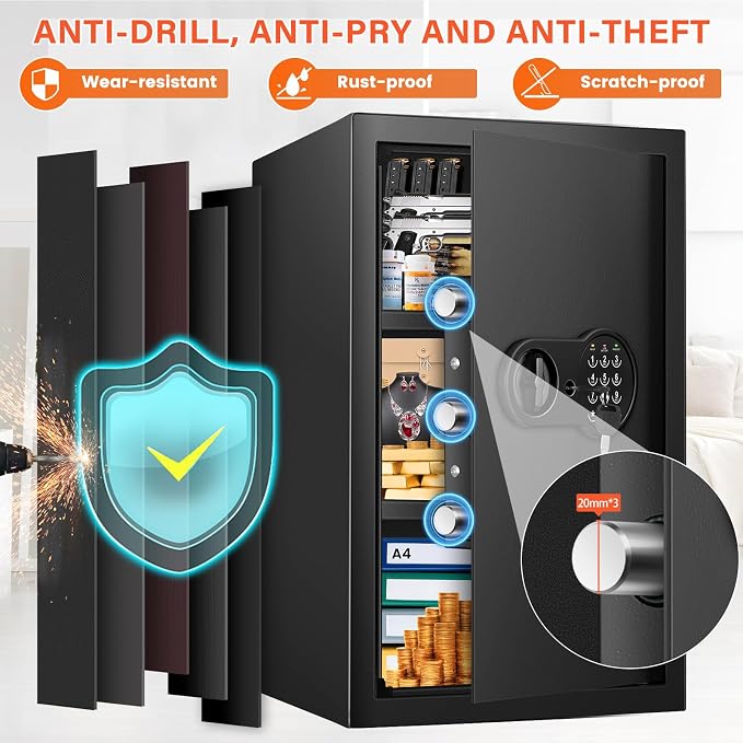 23.62'' Tall Extra Large Home Safe Box, Safe with Fireproof Waterproof Document Bag, Digital Keypad and 3 Removable Steel Shelves, Security Box for Money Medicines Jewelry Valuables - Image 5