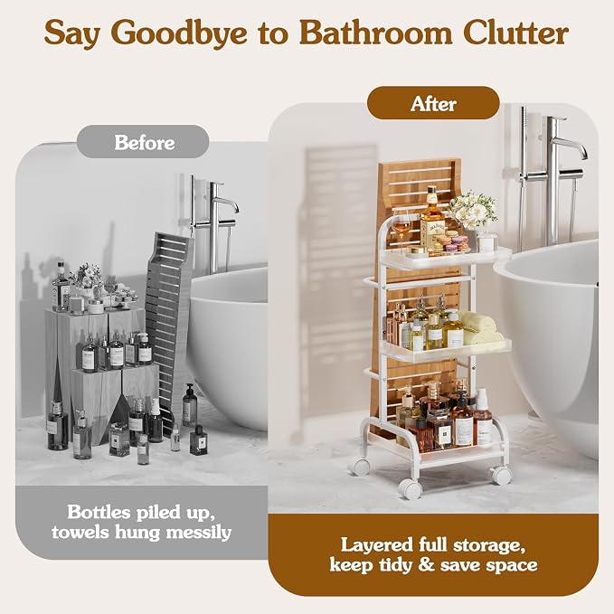 Bathroom Cart with Bathtub Tray Holder, Bathroom Organizers and Storage, Small Slim Shelf Organizer with Bath Tub Caddy Rack, 3 Tier Narrow Skinny Acrylic Rolling Cart for Laundry Room Living Room - Image 5