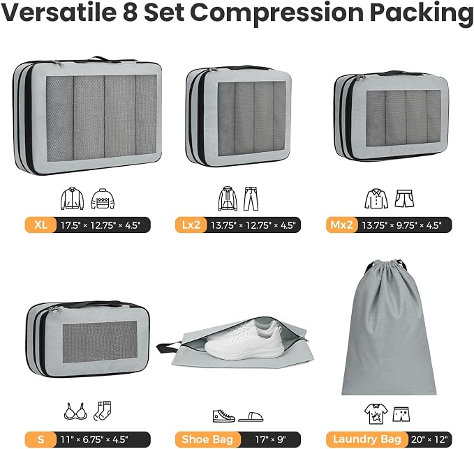 BAGAIL 8 Set Compression Packing Cubes, Expandable Luggage Organizer Bags for Travel Accessories (Gray) - Image 3