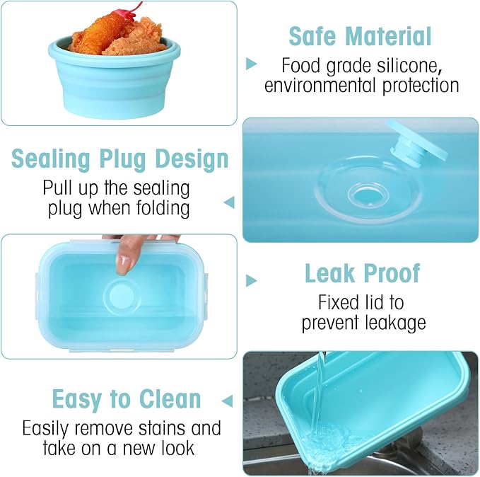Yaomiao 16 Pack Collapsible Food Storage Container with Lid,Blue | Silicone Bowls with Air Vent, Foldable Rectangle Round Bowl ,For Rv Camping Meal Prep Organizing, Microwave Freezer Safe - Image 3