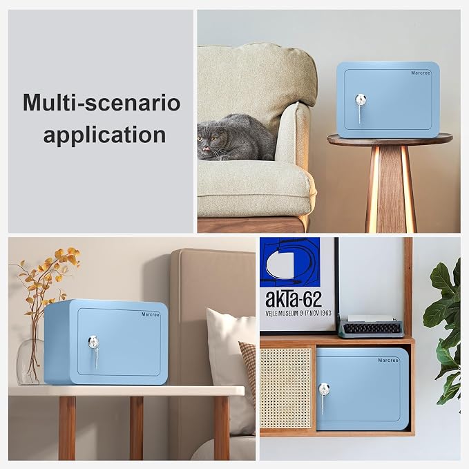 Marcree Mini Safe Box, 0.23 Cub Home Safes for Kids, Blue Small Safe | Money Box with Key Lock, Kids Safe for Money Cash Valueables, Stylish Security Safe for Gifts, 6.69 x 9.06 x 6.69 Inches - Image 7