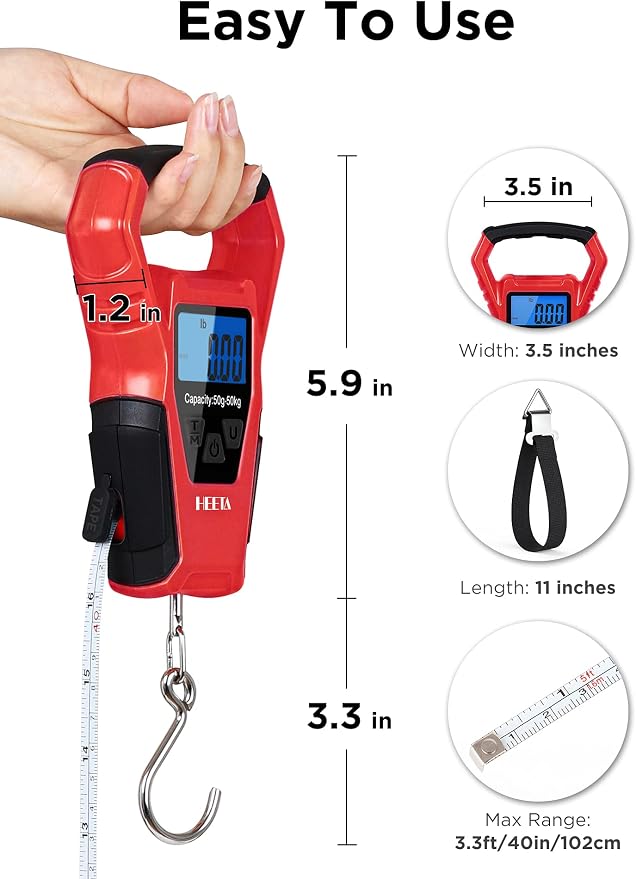 HEETA Waterproof Fish Scale Digital Hanging Fishing Luggage Weight Scale | Up 110lb/50kg Portable Scale with Backlit LCD Display, for Home & Outdoor, Measuring Tape and 2 AAA Batteries Included - Image 2