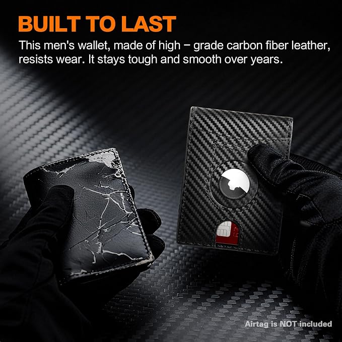 Wallet for Men Slim RFID Blocking Bifold Carbon Fiber,Minimalist Small Compact Front Pocket Credit Card Holder,Thin Mens Leather Wallets Smart Security With 2 ID windows 1 Cash (Black & Orange) - Image 7