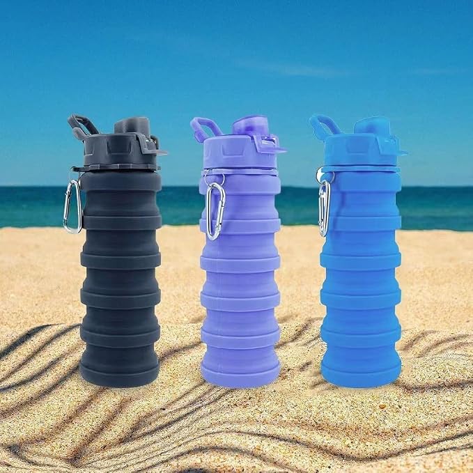 Collapsible Water Bottles 3 Pack 500ml (Black+Purple+Blue) | Silicone Water Bottle with Carabiner BPA Free Expandable Water Bottle Portable Sport Water Bottle for Travel Camping - Image 7