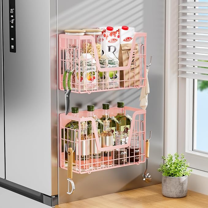 Pink Magnetic Shelf for Fridge, 2 Set Magnetic Fruit Baskets for Refrigerator Magnet Shelves, Potato and Onion Storage Bins, Magnet Holder Wire Basket for Laundry Room Pantry Kitchen Organizer - Image 9