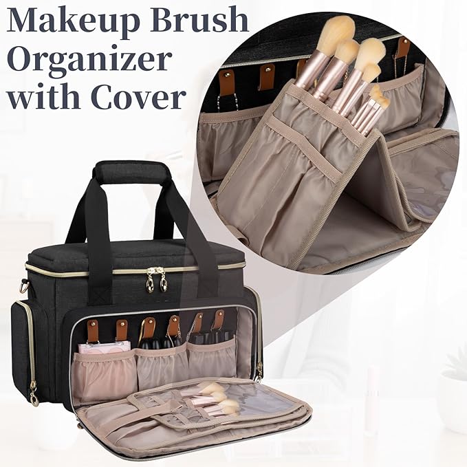 GDNasist Large Makeup Bag, Portable Travel Makeup Bag Organizer | Cosmetic Travel Bag for Women Girls with 2 Removable Pouches & Detachable Dividers, Toiletry Bag for Makeup and Hair Supplies - Image 3