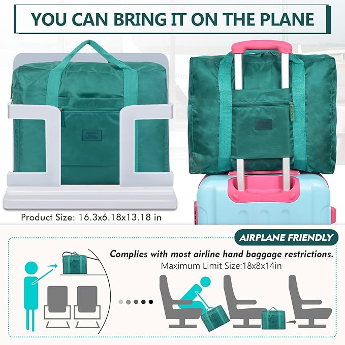 Travel Duffel Bag Lightweight Foldable Travel Bag for Women and Men Waterproof Tote Carry On Luggage Weekender Overnight Bag (Green) - Image 2