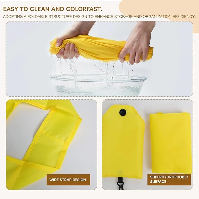 2 Pack Foldable Shopping Bag, Reusable Grocery Tote Bag, Yellow | Waterproof Nylon, 35 Pounds Weight Capacity, Pocket Size Carrier - Image 6