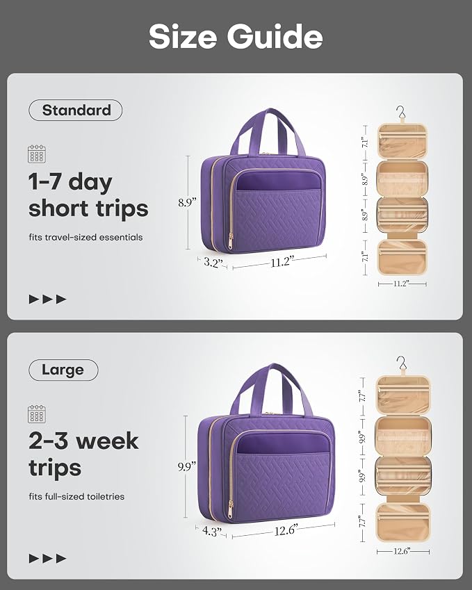 HOTOR Hanging Travel Toiletry Bag Women Men, Dark Purple, Medium | Waterproof Makeup Bag Hanging Hook,Multiple Pockets,Travel Essentials,11.2 x 3.2 x 8.9inches - Image 2