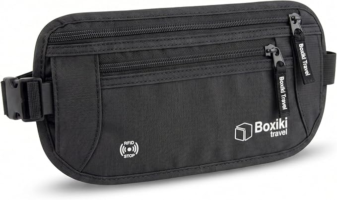 Money Belt for Travel with RFID Blocking Technology - Hidden Travel Money Pouch for Cash, Credit Cards, Passport, and Travel Valuables - Secure Water Resistant Money Belt for Men and Women - Black by BoxikiTravel
