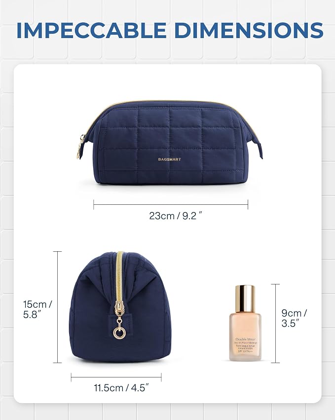 BAGSMART Makeup Bag Travel Toiletry Bag, Wide-open Zipper Pouch, Navy Blue | Puffy Padded, Travel Essentials, Make Up Bag, For Women, Makeup Organizer, Toiletries Accessories Brushes - Image 5