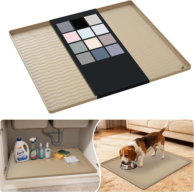 URMONA Waterproof Silicone Under Sink Mat 25'' x 22'' Shelf Liner for Kitchen and Bathroom, Cabinet and Counter Protector, Storage and Organizers, Litter Mat, Pet Cat Puppy Essentials(Khaki) by URMONA