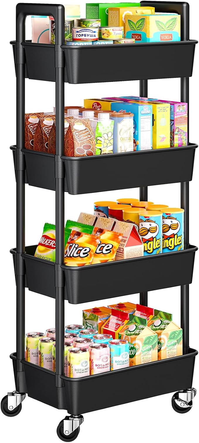 Pipishell 4-Tier Rolling Cart, Plastic Cart with Lockable Wheels & Reinforced Handle, Lightweight Utility Storage for Nursery, Bathroom, Craft Room, Black by Pipishell