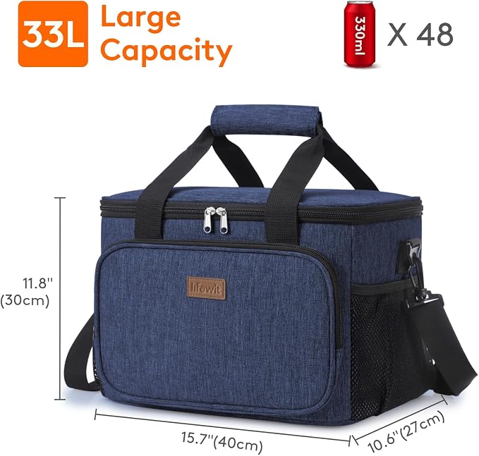 Lifewit Medium Lunch Bag Insulated Lunch Box Soft Cooler Cooling Tote for Adult Men Women, Dark Blue 48-Can (33L) - Image 3