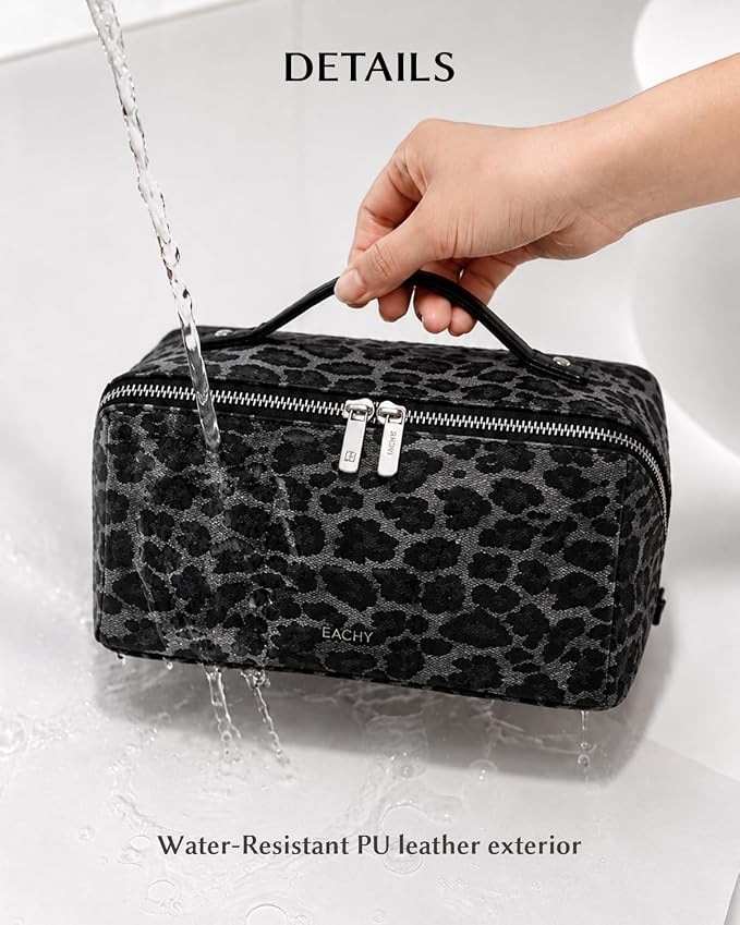 EACHY Travel Makeup Bag for Women, Flat Open Leopard Print Cosmetic Bag | Leopard-print PU leather cosmetic bag opens flat with dividers and clear TPU brush pocket for makeup and travel essentials - Image 2