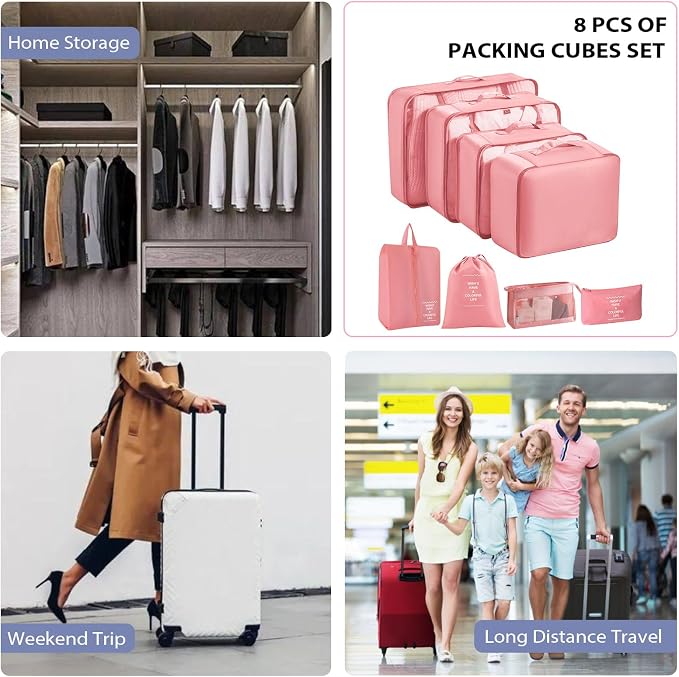8 Set Packing Cubes for Suitcases, INVODA Travel Luggage Packing Organizers with Laundry Bag, Compression Storage Shoe Bag, Clothing Underwear Bag (Pink) - Image 9
