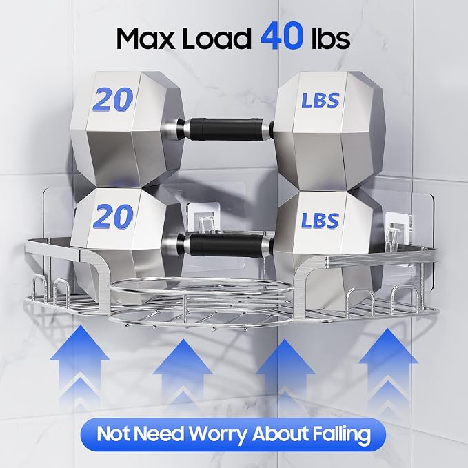 Corner Shower Caddy, Rustproof Shower Organizer with Soap Holder and 8 Hooks, No Drilling Adhesive Shower Shelves for Inside Shower, Large Capacity Shower Rack for Bathroom Shower Storage, Sliver - Image 4