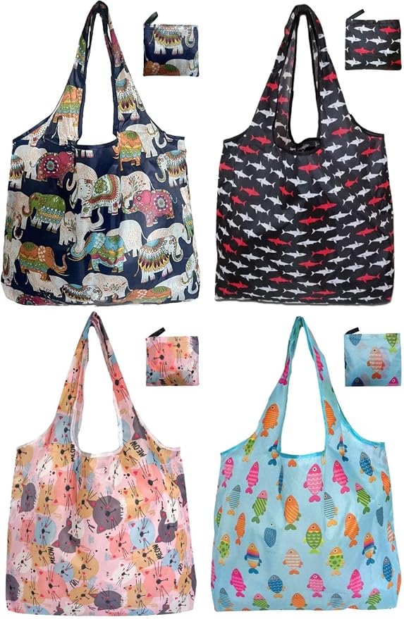 Reusable Grocery bags, 4 Pack - Lightweight And Compact, Grocery Totes Animal Printed, Machine Washable And Durable, Ideal For Groceries, Travel, And Daily Use by NewOpportunityInLivingKindly