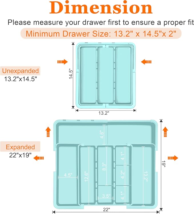Large Utensil Drawer Organizer Expandable Silverware Organizer for Kitchen Drawer Adjustable Cooking Utensil Holder Cutlery Flatware Tray Spatula Tools Gadgets Storage Dividers Plastic Turquoise - Image 4