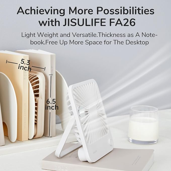 JISULIFE Desk Fan Battery Rechargeable, 180°Foldable Portable Personal Fan | 4500mAh Long-lasting Battery, 4 Speeds Adjustable for Home Office Travel Outdoor Gifts for Women Men-White - Image 4