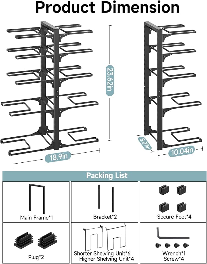 MUDEELA 10-Tier Pots and Pans Organizer Rack, 23.62" H for Cast-iron Pans | Adjustable heavy-duty pot rack, Holds big stockpots, cookware & skillets, Fits under cabinet on countertops, Kitchen storage - Image 4
