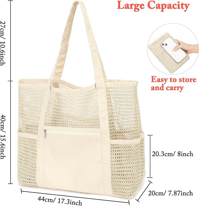 Fammart Mesh Beach Bag for Women, Summer Straw Tote Hobo Pool Bags with Zipper Pocket, Travel Vacation Cruise Essentials 2026 - Image 4