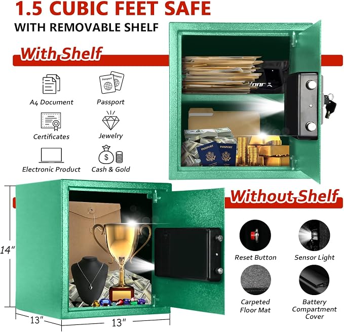 Voncabay Money Safe Box for Home with Digital Keypad, 1.5 Cu. Ft., Green | Alloy Steel, 2 Fireproof Bags, Digital Keypad with Display, Removable Shelf, Alarm System, 14 x 13 x 13 In. - Image 2