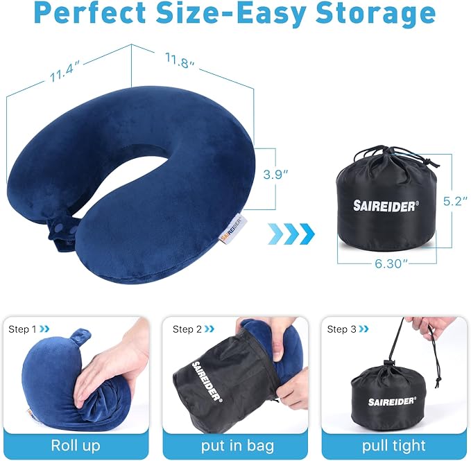 SAIREIDER Neck Pillows for Travel-Head Neck Support Travel Pillow for Traveling, Car, Home, Office Adjustable with Storage Bag (Navy Blue) - Image 6