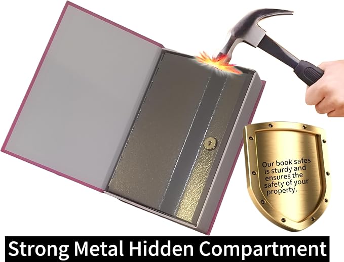 Book Safe with Key Lock - Hidden Compartment Security Box for Cash, Jewelry & Passports | Portable Steel Lockbox for Home, Office, Travel | 9.5"x6.2"x2.2" | Cosmetic Bag Included(Pink Memory) - Image 6