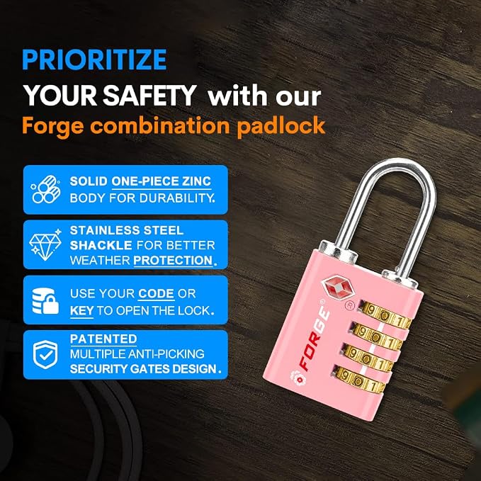 Forge Dual-Opening: Key or Combination Access Lock, TSA Approved Locks for Luggage, Pelican case, Travel, Gym, School, Stainless Steel Shackle. (Pink, 2 Pk) - Image 7