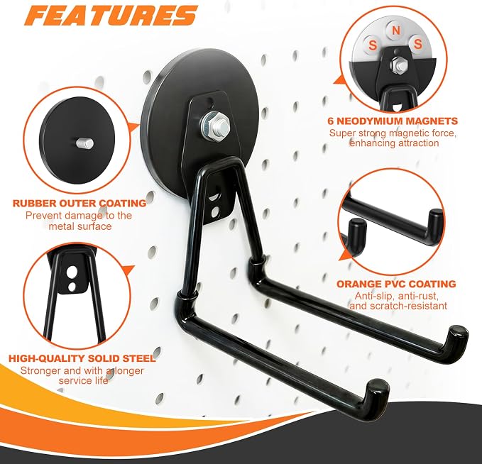 Heavy-Duty Storage Magnetic Hooks，No Need for Drilling, with Anti-Slip Coating, Suitable for Garages, Workshops, Kitchens, Storage Cabinets, RVS, Garden Tool Storage (Black 4 pro) - Image 6