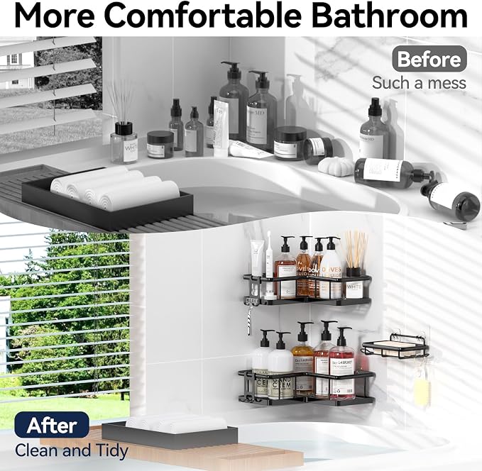 Corner Shower Caddy Adhesive, 100% Rustproof Shower Organizer with Soap Holder, No Drill Shower Shelf for Inside Shower, Wall-Mounted Shower Storage for Homes (3 Pack, Black) - Image 8
