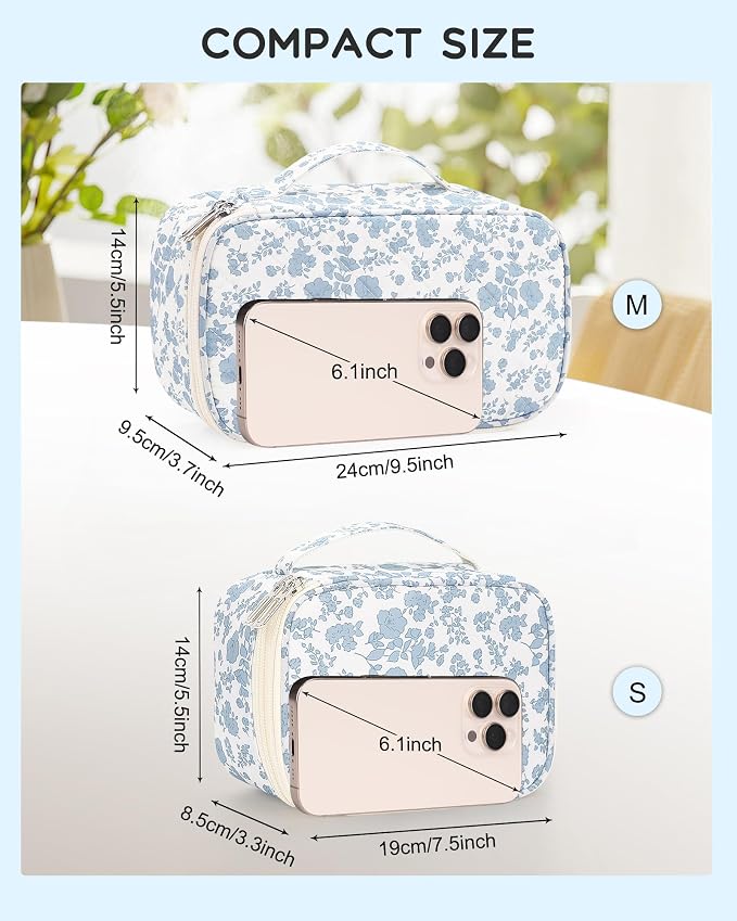 Relavel Travel Makeup Bag, Mini Floral Cosmetic Bag with 2 Layers | Portable Makeup Pouch for Women with 2 Makeup Brush Holders, Cute Toiletry Bag with Handle for Necessaries, Blue Flower - Image 5