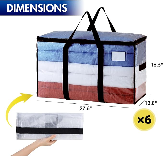 TAILI 6 Pack Clear Extra Large Moving Bags,Storage Bag with Visible Window | 93L Heavy Duty Totes For Storage,Wrap Around Handles,Alternative to Moving Boxes, College Dorm,Perfect for Moving - Image 3