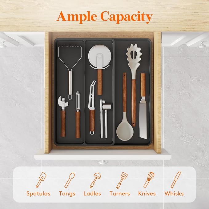 Lifewit Utensil Organizer for Kitchen Drawer, Expandable Cooking Tray | Adjustable Cutlery Flatware Holder, Plastic Silverware Spatula Tools Storage Divider, 8.9-14.4 x 15.8", Black - Image 2