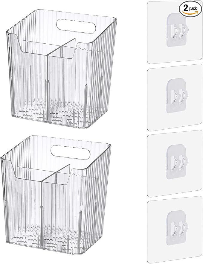 Lae Nuvole 2Pcs Storage Organizer Bins, Wall Shower Toothbrush Caddy, Clear | with Dividers & 4 Adhesive Pads, No Drill, Renter Friendly, BPA-Free PET, Fits Bathroom, Apartment, RVs, Cabinet/Pantry Door by LaeNuvole