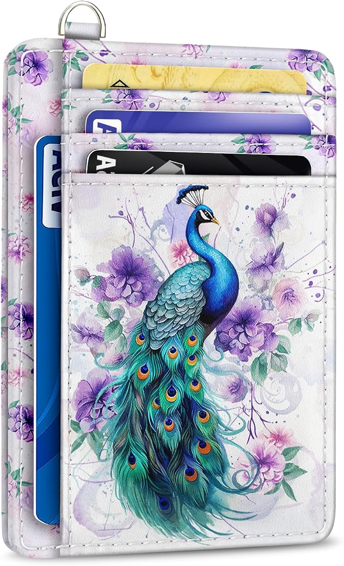 Yonlevres Peacock Credit Card Holder Slim RFID Wallet Women Small Travel | Front Pocket, Handy, RFID Blocking, Woman Girls Ladies Gifts, D-ring for Keychain,Thin Mini Card Case, ID Window, PU Leather by Yonlevres