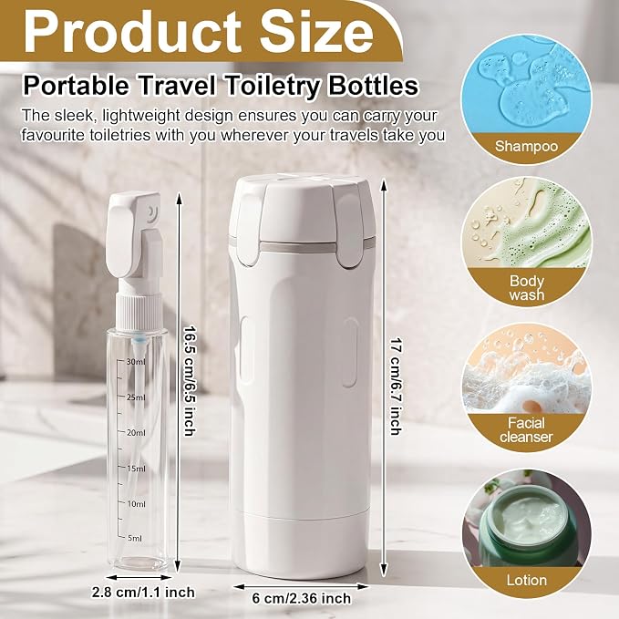 2 Pack 4 in 1 Travel Dispenser with 30ml Travel Bottles and Label Refillable & Leak Proof Portable Toiletry Containers with Locks for Shampoo Lotion Conditioner Cream (White) - Image 2