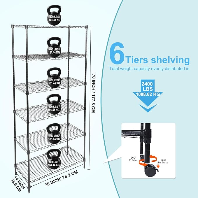 Whitmor 6 Tier Storage Shelves, Heavy Duty with Wheels, 400 lbs Capacity per Shelf, Max 2400 lbs Total, Adjustable Storage Units for Garage, Laundry, Plant, 30" L x 14" W x 70" H, Black - Image 3