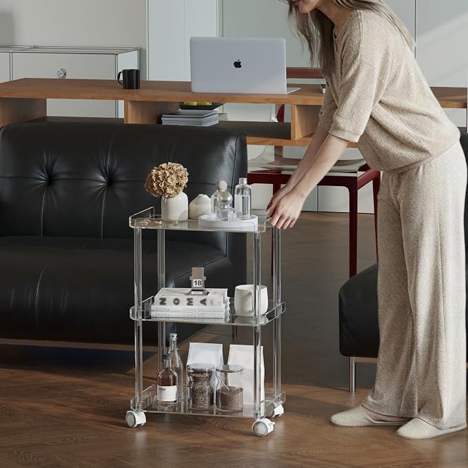 AQUIVER Acrylic 3 Tier Rolling Storage Cart - Small Utility Cart Organizer | Mobile Storage Cart Small Utility Cart for Bathroom, Laundry, Living Room, with Lockable Wheels, 15.6" L × 10.2" W × 23.6" H - Image 4