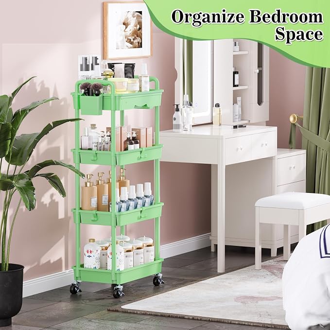 SUNALLY 4 Tier Rolling Cart with Drawer, Craft Storage Cart Organizer,Green | Bathroom Storage Organizer with 2 Lockable Wheels, Rolling Utility Cart for Kitchen, Office, Baby, Makeup, Nail,Snack,Laundry - Image 7