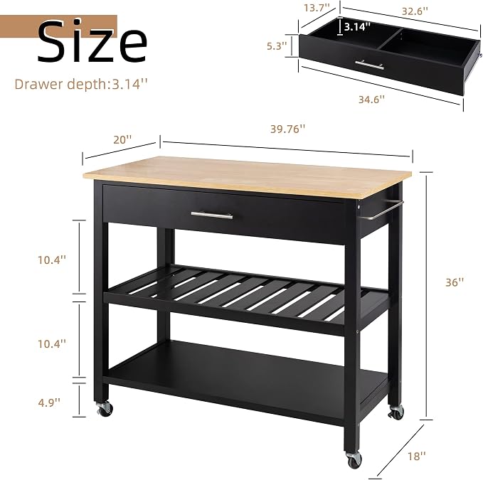 Shintenchi Kitchen Island Cart with Storage,Rolling Kitchen Island Side Table on Wheels with Large Worktop,Storage Cabinet,Towel Rack,Drawers and Open Shelves for Kitchen,Dinning Room,Black - Image 6