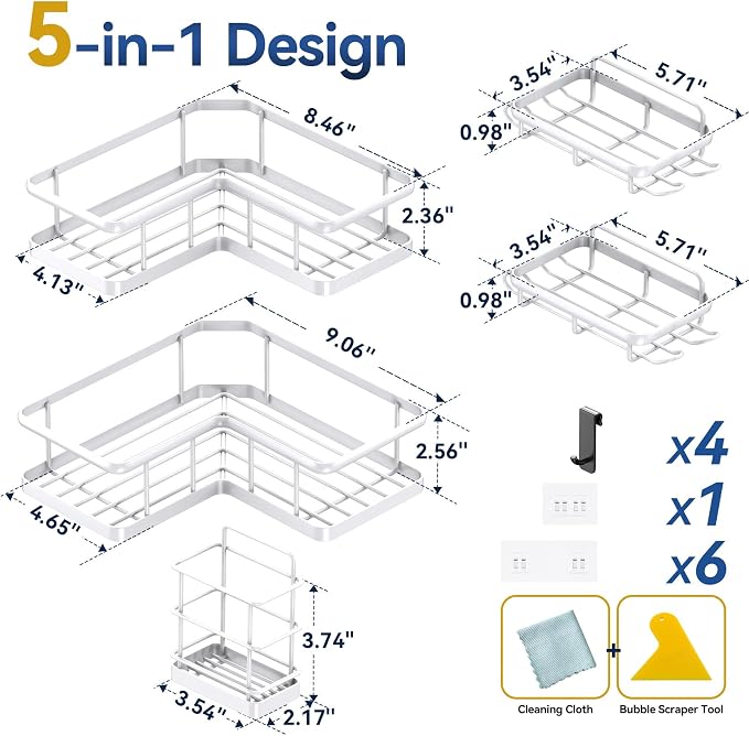Corner Shower Caddy Adhesive, 100% Rustproof Shower Organizer with Soap and Troothbrush Holder, No Drill Shower Shelf for Inside Shower, Wall-Mounted Shower Storage for Homes (5 Pack, White) - Image 7